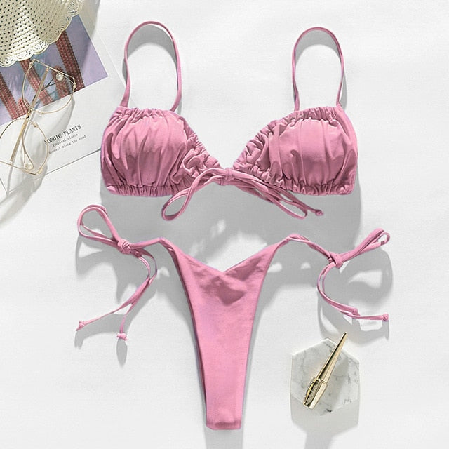 In-X Brazilian micro bikinis 2021 mujer Sexy string swimsuit female pleated bikini set Yellow swimwear women Mini bathing suit voguable