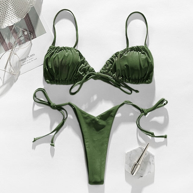 In-X Brazilian micro bikinis 2021 mujer Sexy string swimsuit female pleated bikini set Yellow swimwear women Mini bathing suit voguable