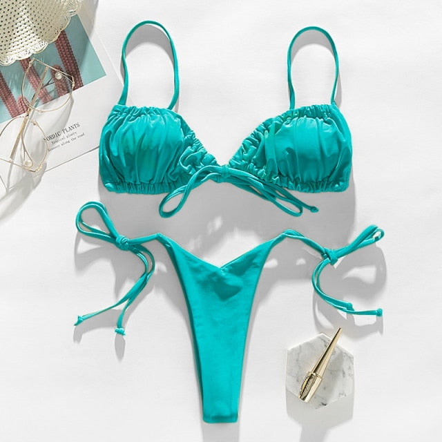 In-X Brazilian micro bikinis 2021 mujer Sexy string swimsuit female pleated bikini set Yellow swimwear women Mini bathing suit voguable