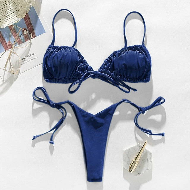 In-X Brazilian micro bikinis 2021 mujer Sexy string swimsuit female pleated bikini set Yellow swimwear women Mini bathing suit voguable
