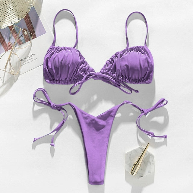 In-X Brazilian micro bikinis 2021 mujer Sexy string swimsuit female pleated bikini set Yellow swimwear women Mini bathing suit voguable
