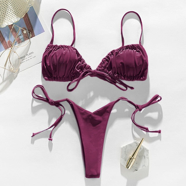 In-X Brazilian micro bikinis 2021 mujer Sexy string swimsuit female pleated bikini set Yellow swimwear women Mini bathing suit voguable