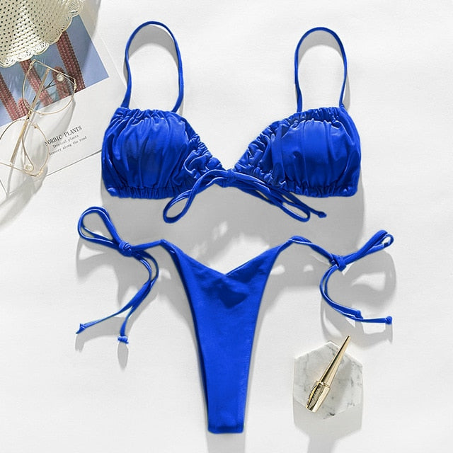 In-X Brazilian micro bikinis 2021 mujer Sexy string swimsuit female pleated bikini set Yellow swimwear women Mini bathing suit voguable