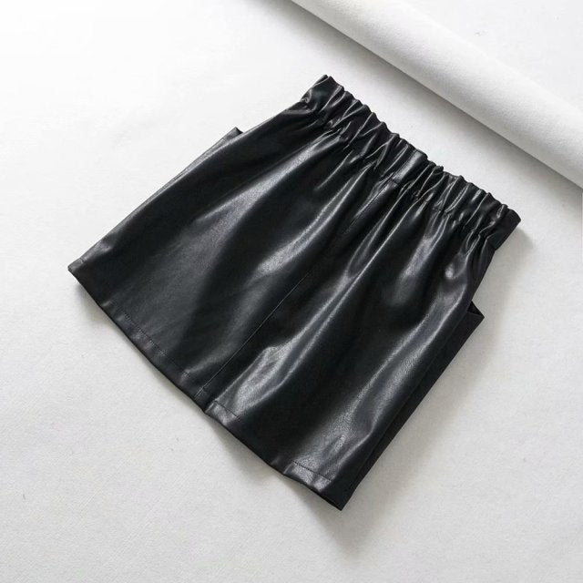 Women Skirts  Above Knee Mini Women's double pocket elastic waist PU Faux leather skirt Jupe Femme Faldas Mujer voguable