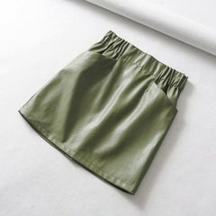 Women Skirts  Above Knee Mini Women's double pocket elastic waist PU Faux leather skirt Jupe Femme Faldas Mujer voguable
