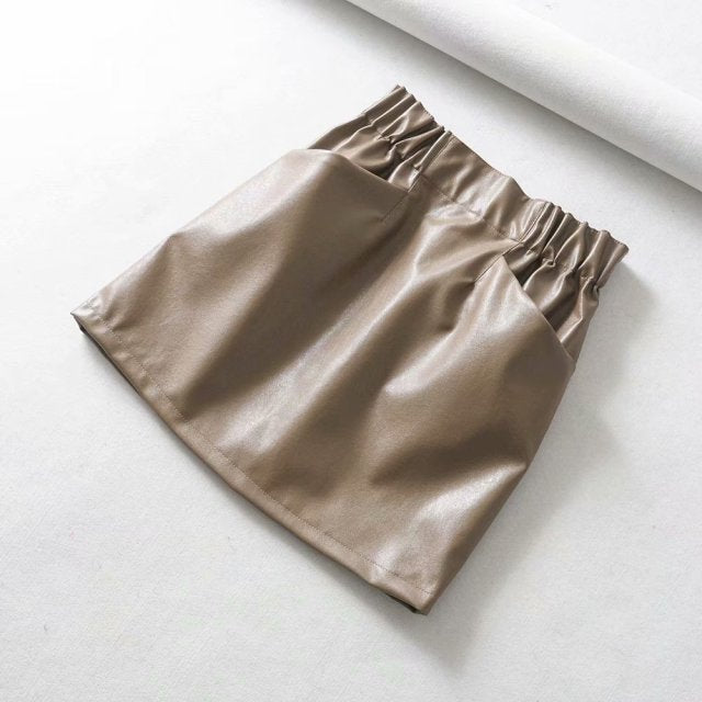Women Skirts  Above Knee Mini Women's double pocket elastic waist PU Faux leather skirt Jupe Femme Faldas Mujer voguable