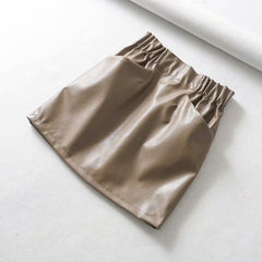 Women Skirts  Above Knee Mini Women's double pocket elastic waist PU Faux leather skirt Jupe Femme Faldas Mujer voguable