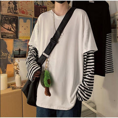 Voguable Long Sleeve Fake Two-piece T Shirt Striped Big Shirts Men Clothing Men Fashion 2020 New Oversized Tees Clothes Tshirt voguable