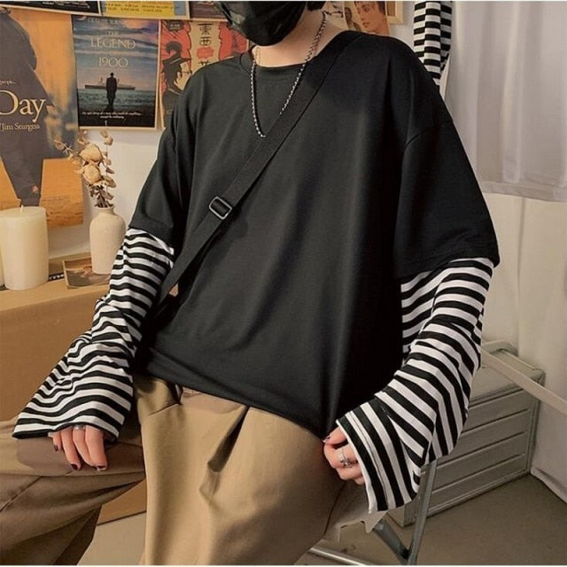 Voguable Long Sleeve Fake Two-piece T Shirt Striped Big Shirts Men Clothing Men Fashion 2020 New Oversized Tees Clothes Tshirt voguable