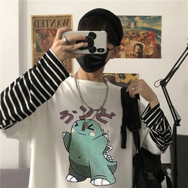 Voguable Long Sleeve Fake Two-piece T Shirt Striped Big Shirts Men Clothing Men Fashion 2020 New Oversized Tees Clothes Tshirt voguable