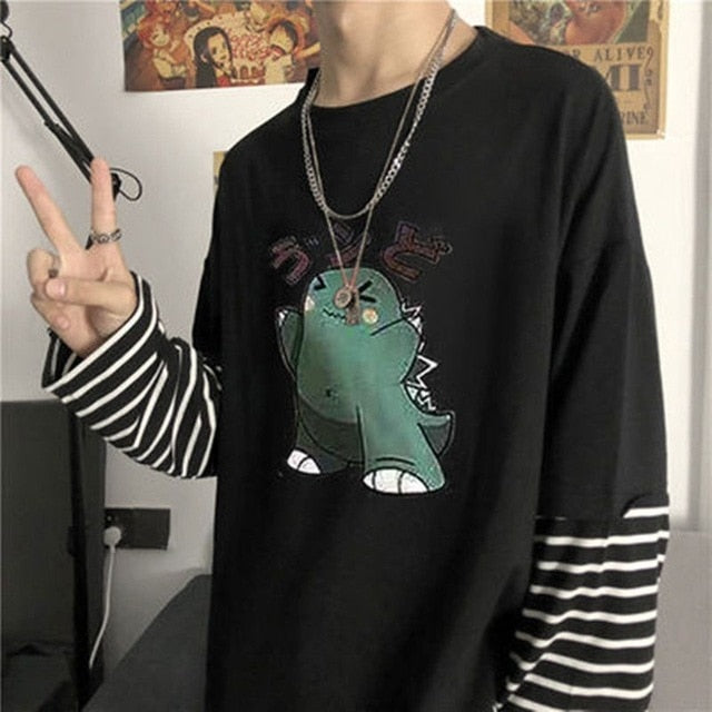 Voguable Long Sleeve Fake Two-piece T Shirt Striped Big Shirts Men Clothing Men Fashion 2020 New Oversized Tees Clothes Tshirt voguable
