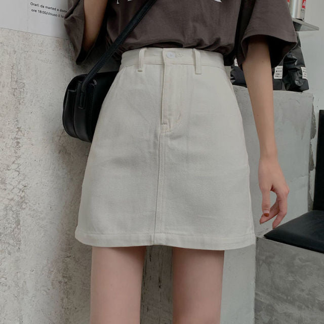 Voguable Denim Skirts Womens Summer Solid White Black Basic High Waist Short Skirt Femme A-line Women Elegant Students School Sundress voguable