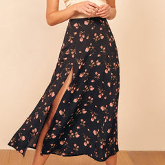 Women Skirt Fashion Elegant Vintage Black Floral Skirts Womens 2021 New High Waist Midi Skirt Sexy Side High Slit Woman Skirts voguable