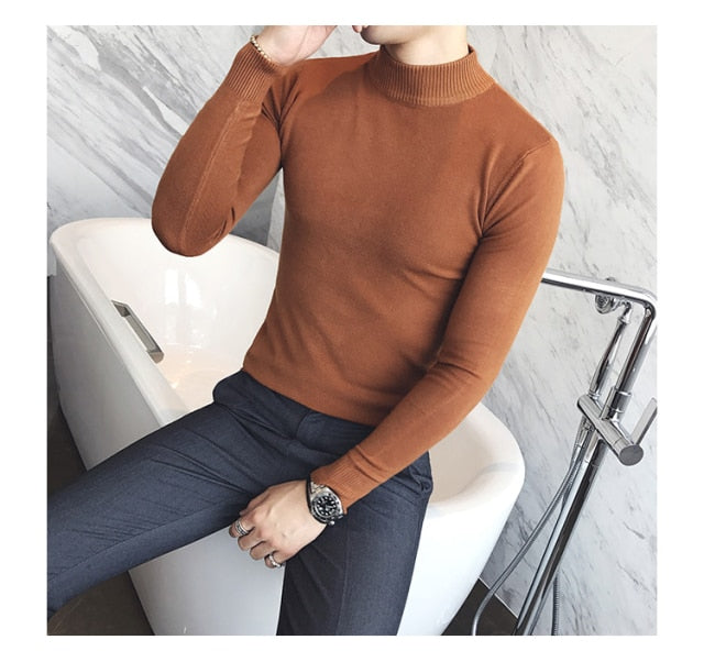 Voguable  Autumn New Men's Turtleneck Sweaters Male Slim Fit Solid Color High Neck Sweater Men Long Sleeve Knitted Pullover Tops 3XL voguable
