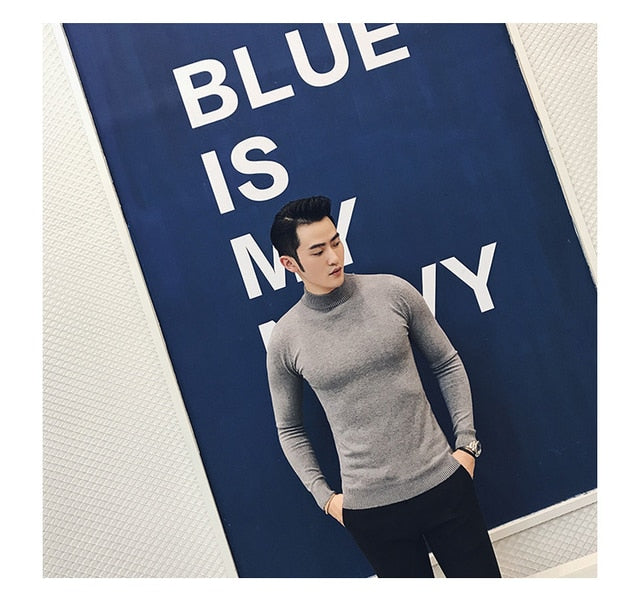Voguable  Autumn New Men's Turtleneck Sweaters Male Slim Fit Solid Color High Neck Sweater Men Long Sleeve Knitted Pullover Tops 3XL voguable