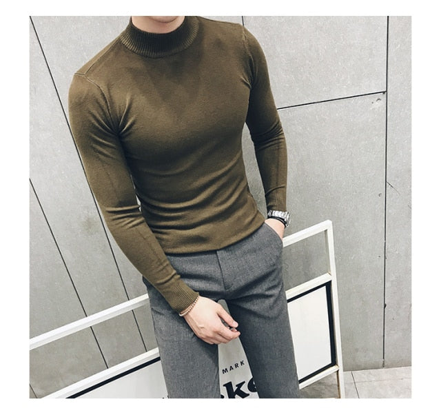 Voguable  Autumn New Men's Turtleneck Sweaters Male Slim Fit Solid Color High Neck Sweater Men Long Sleeve Knitted Pullover Tops 3XL voguable