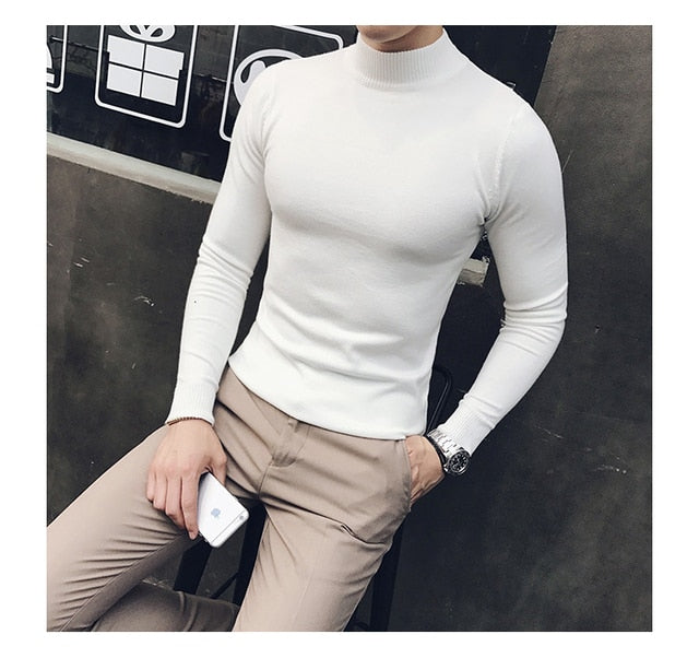 Voguable  Autumn New Men's Turtleneck Sweaters Male Slim Fit Solid Color High Neck Sweater Men Long Sleeve Knitted Pullover Tops 3XL voguable