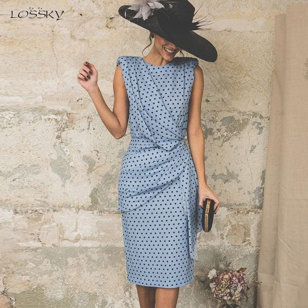 Dress Woman Summer Plus Size 3XL Elegant Polka Dot Ruched Clothes White Sleeveless Tank Fitted Party Dresses For Women Fall 2021 voguable