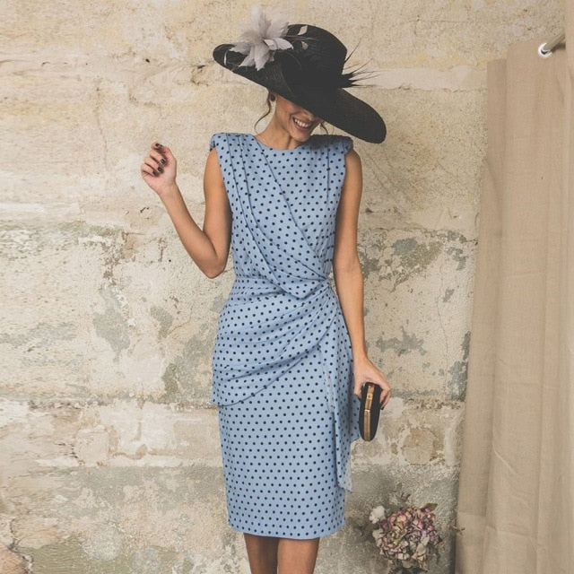 Dress Woman Summer Plus Size 3XL Elegant Polka Dot Ruched Clothes White Sleeveless Tank Fitted Party Dresses For Women Fall 2021 voguable