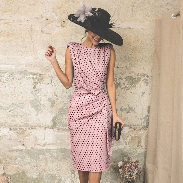 Dress Woman Summer Plus Size 3XL Elegant Polka Dot Ruched Clothes White Sleeveless Tank Fitted Party Dresses For Women Fall 2021 voguable