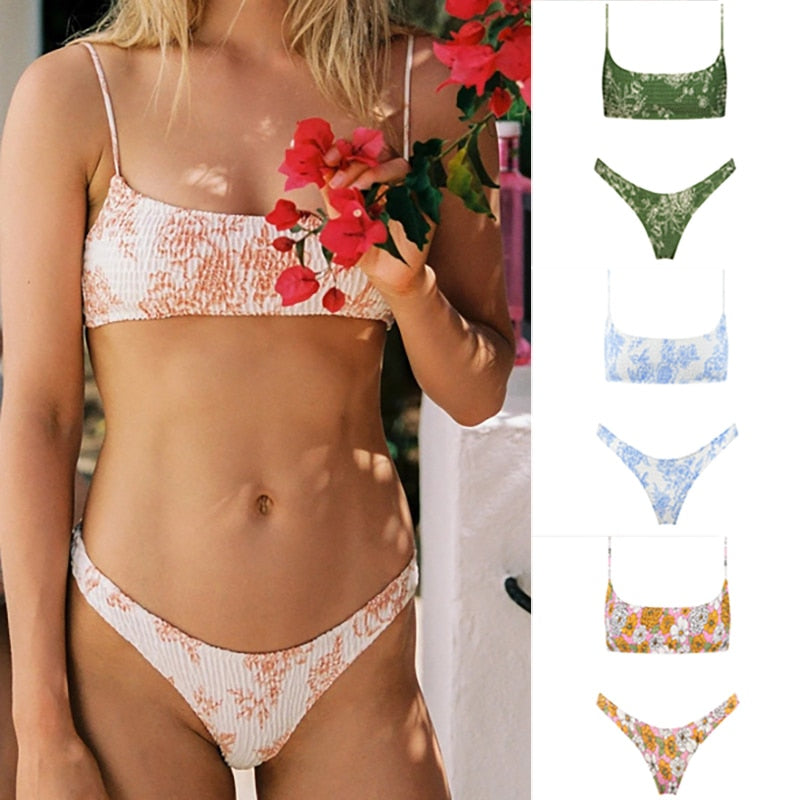 Voguable Sexy Bandeau Push Up Bikini Set Spaghetti Strap Two Piece Swimsuit Ruched Bikinis Women Swimwear Floral Bathing Suit Beach Wear voguable