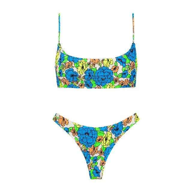 Voguable Sexy Bandeau Push Up Bikini Set Spaghetti Strap Two Piece Swimsuit Ruched Bikinis Women Swimwear Floral Bathing Suit Beach Wear voguable