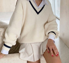Voguable V Neck White Casual Sweater Women Preppy Style Korean Long Sleeve Jumpers Ladies High Street Autumn Winter Pullover voguable