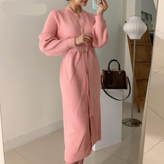 Voguable Elegant O-neck Single-breasted Women Solid Sweater Dress OL Style Long Sleeve Belted Knitted Mid-length Dress Female voguable