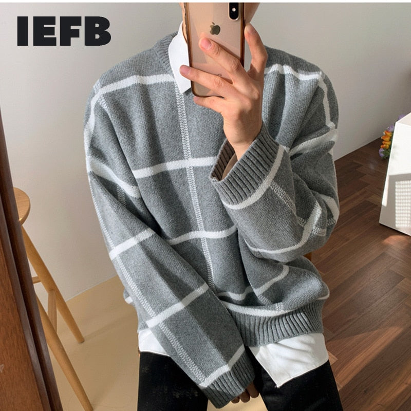 Voguable /men's wear plaid sweater autumn witner new Korean style loose pullover knitted tide tops all-mtch cintage 9Y3248 voguable