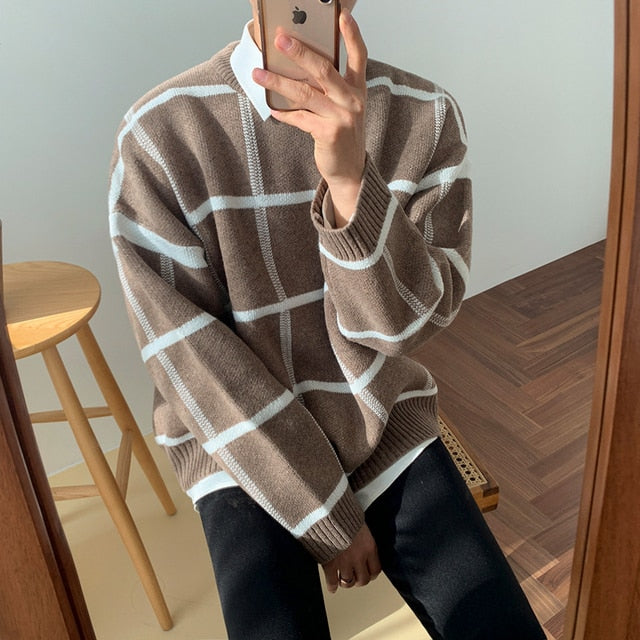 Voguable /men's wear plaid sweater autumn witner new Korean style loose pullover knitted tide tops all-mtch cintage 9Y3248 voguable