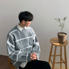 Voguable /men's wear plaid sweater autumn witner new Korean style loose pullover knitted tide tops all-mtch cintage 9Y3248 voguable