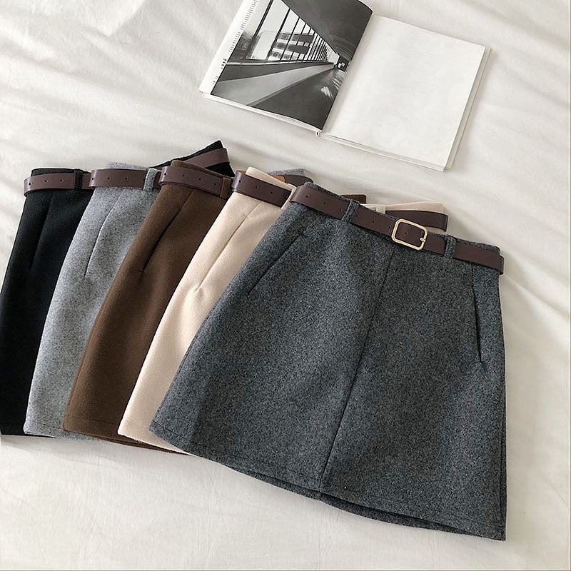 Voguable England Solid Women Belt Skirt winter fashion High Waist A-line pocket Skirt Females Mini Office ladies 5 color casual Skirts voguable