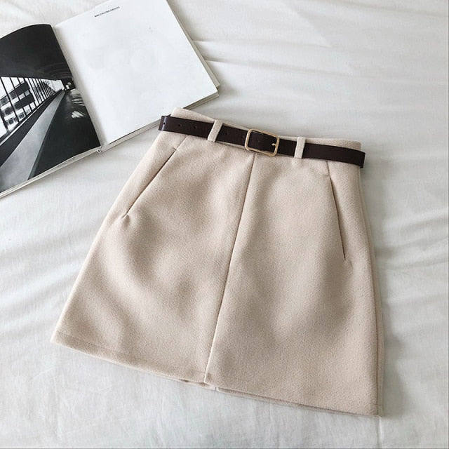 Voguable England Solid Women Belt Skirt winter fashion High Waist A-line pocket Skirt Females Mini Office ladies 5 color casual Skirts voguable