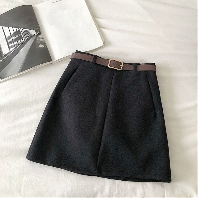 Voguable England Solid Women Belt Skirt winter fashion High Waist A-line pocket Skirt Females Mini Office ladies 5 color casual Skirts voguable