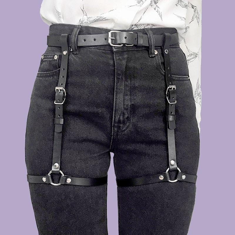 Punk Black Leather Sword Belt Waist Garter Handmade Body Bondage Sexy Leg Suspenders Harness Stockings Belts For Women voguable