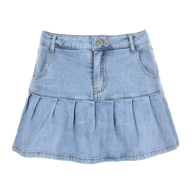 y2k Pink Denim Pleated Skirts Mini Solid Casual Woman Fashion Korean Style High Waist Skirt with Lined Hot Club Party Girls 2020 voguable