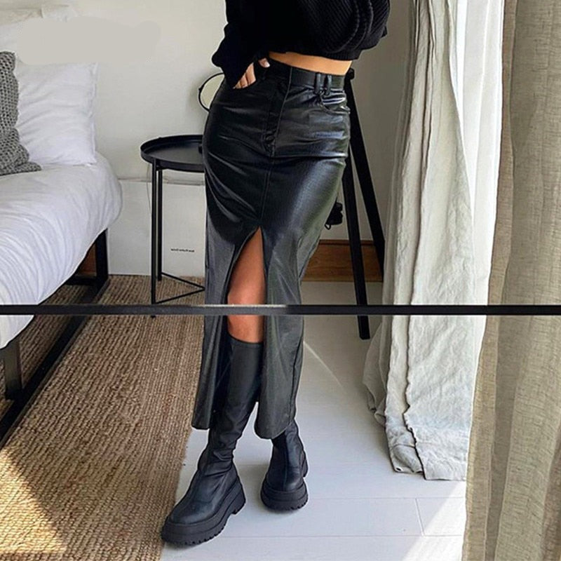 Voguable2021 Midi Split PU Leather Skirt Women Autumn Winter Black Sexy Bodycon Fashion Party Ladies Pencil Skirts Ladies Pocket voguable