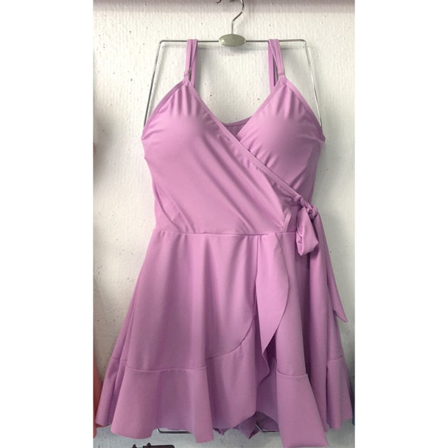 Women's 2020 Summer Bathing Suit Push Up One Piece Swimsuit Belt Solid Korea Swimwear Swimsuit Women with Skirt Swim Suit Dress voguable