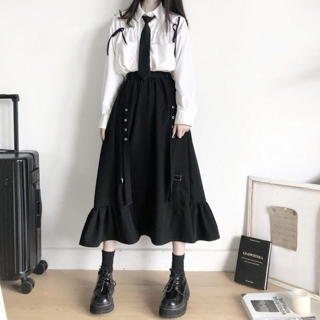 Autumn Women Skirts high waist student Korean Style Dark vintage Ruffle Long A-line skirts women fashion 2022 voguable