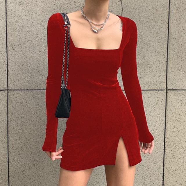 Vintage Velvet Long Sleeve Split Mini Dress Female Korean Spring Fall Velour Purple Red Black Short Vestidos Streetwear Clothes voguable