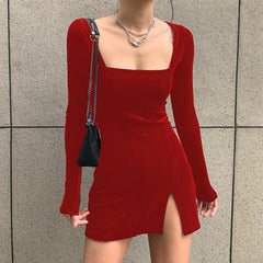 Vintage Velvet Long Sleeve Split Mini Dress Female Korean Spring Fall Velour Purple Red Black Short Vestidos Streetwear Clothes voguable