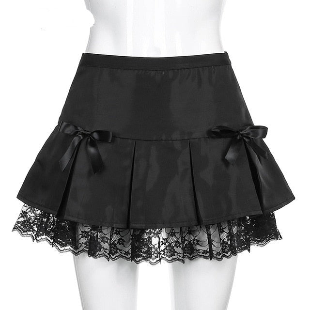 Goth Dark Lace Gothic High Waist Pleated Mini Skirts Harajuku Black E-Girl Sweet A-Line Micro Skirt Patchwork Women Sexy Party voguable