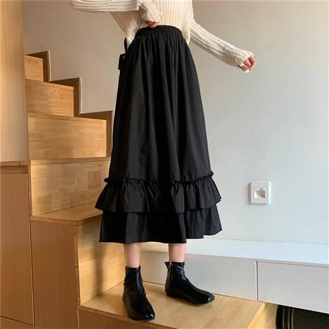 Autumn Women Skirts high waist student Korean Style Dark vintage Ruffle Long A-line skirts women fashion 2022 voguable