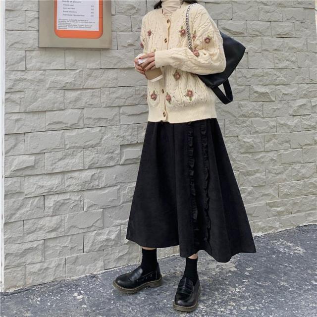 Autumn Women Skirts high waist student Korean Style Dark vintage Ruffle Long A-line skirts women fashion 2022 voguable