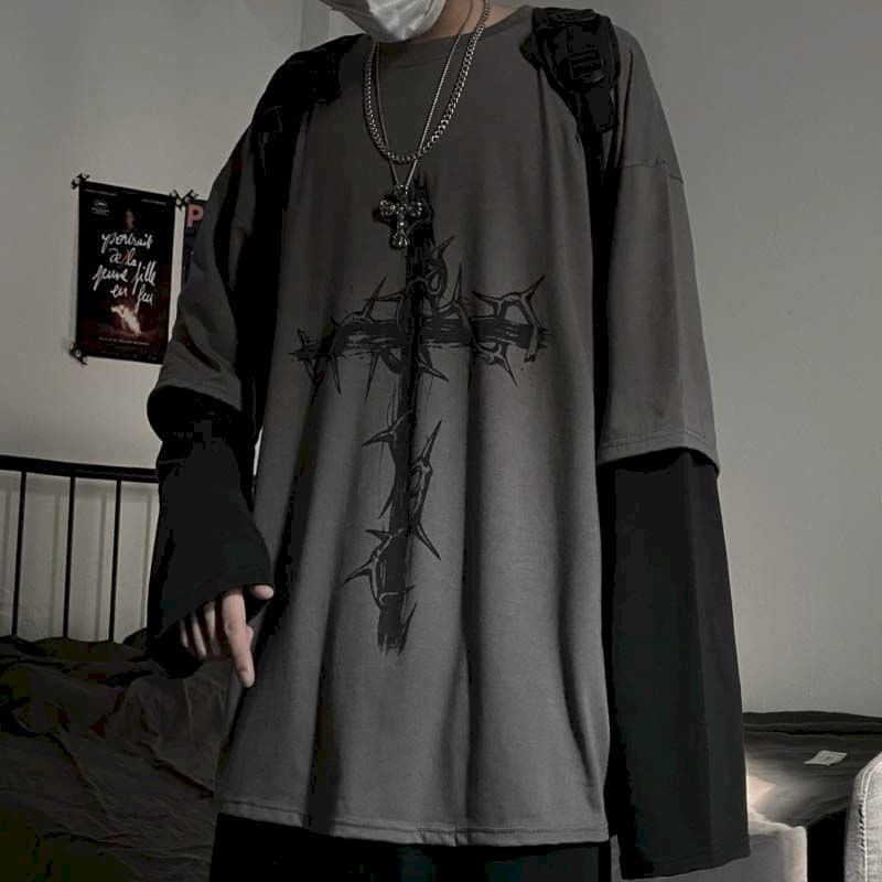 Voguable T-shirt Cross of Thorns fake two-piece for men women long-sleeved dark hip-hop loose large size autumn new trend top Simplicity voguable