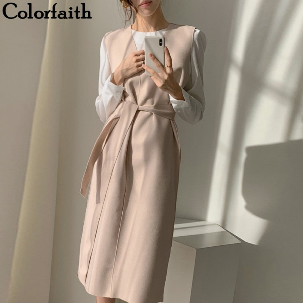 Voguable Colorfaith New 2022 Winter Spring  Women Dresses Sashes Solid Split Straight Knitting Warm Sweater Elegant Office Ladies DR7199 voguable