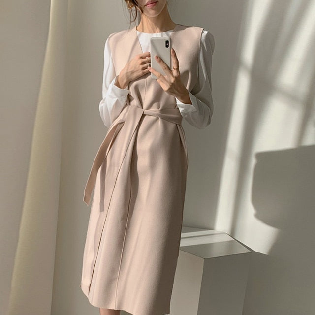 Voguable Colorfaith New 2022 Winter Spring  Women Dresses Sashes Solid Split Straight Knitting Warm Sweater Elegant Office Ladies DR7199 voguable