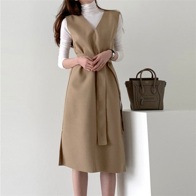 Voguable Colorfaith New 2022 Winter Spring  Women Dresses Sashes Solid Split Straight Knitting Warm Sweater Elegant Office Ladies DR7199 voguable