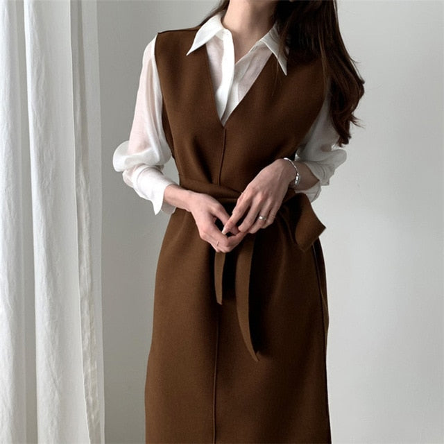 Voguable Colorfaith New 2022 Winter Spring  Women Dresses Sashes Solid Split Straight Knitting Warm Sweater Elegant Office Ladies DR7199 voguable