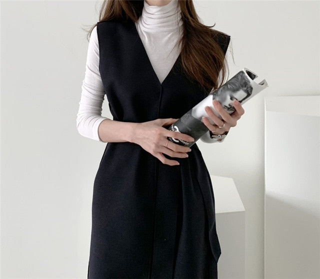 Voguable Colorfaith New 2022 Winter Spring  Women Dresses Sashes Solid Split Straight Knitting Warm Sweater Elegant Office Ladies DR7199 voguable